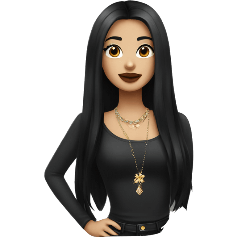 girl with long black hair with brown eyes plump lips with long eyelashes in a black top and jewelry on her neck emoji