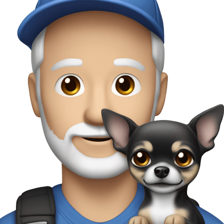 blue eyed man, with grey hair,  and grey goatee beard, wearing ball cap, holding ‘a black long hair chihuahua’ emoji