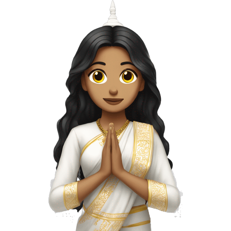 Light skin ;Black long hair wearing white saree praying infront a white temple emoji