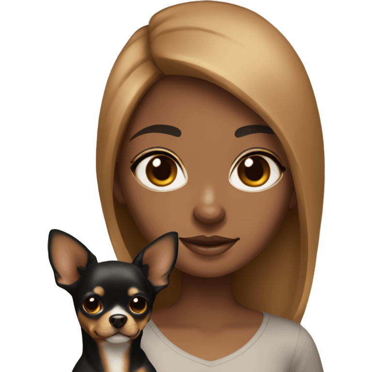 black haired caramel skin girl holding a brown tri colored chihuahua  emoji