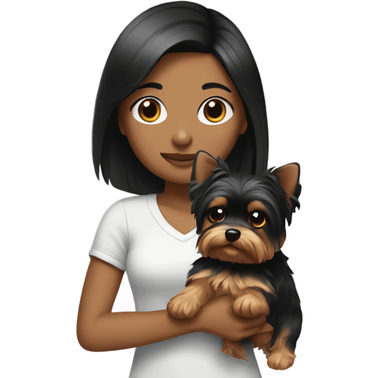 Girl with black hair holding a yorkie  emoji