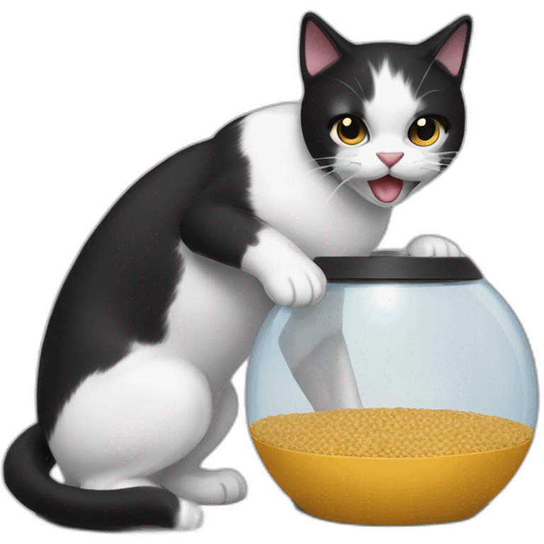 A black and white cat fighting with a pet feeder machine emoji