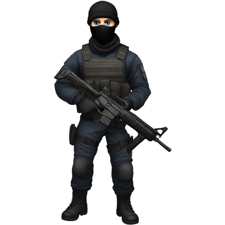 White male, call of duty black mask, tactical gear, camo pants, combat boots, black beanie, blue eyes emoji