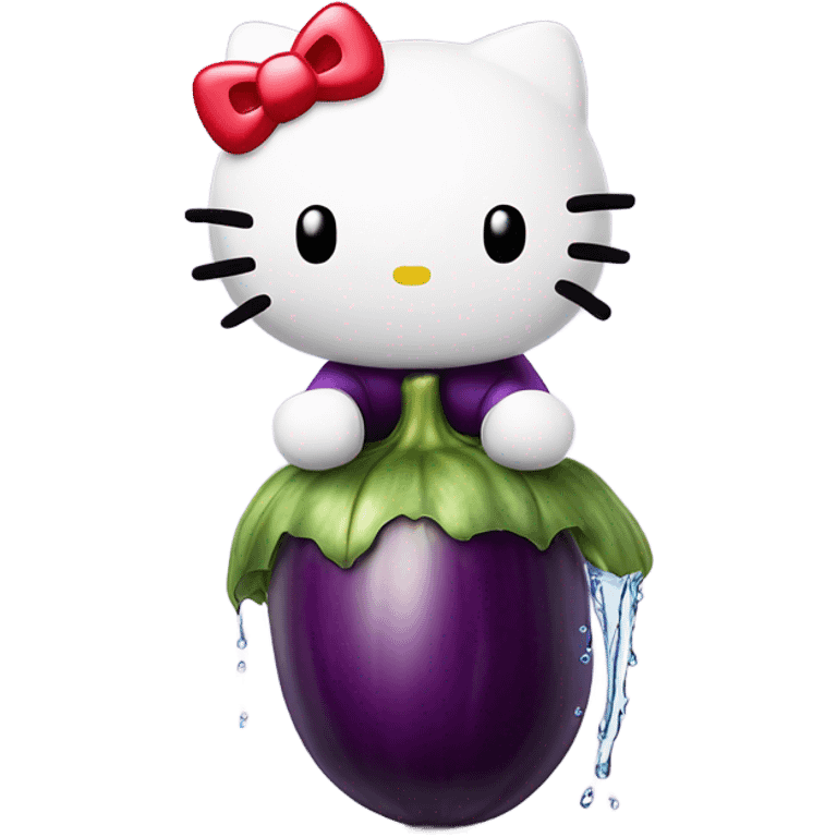 Hello kitty sitting on top of a eggplant and the eggplant squirting water emoji