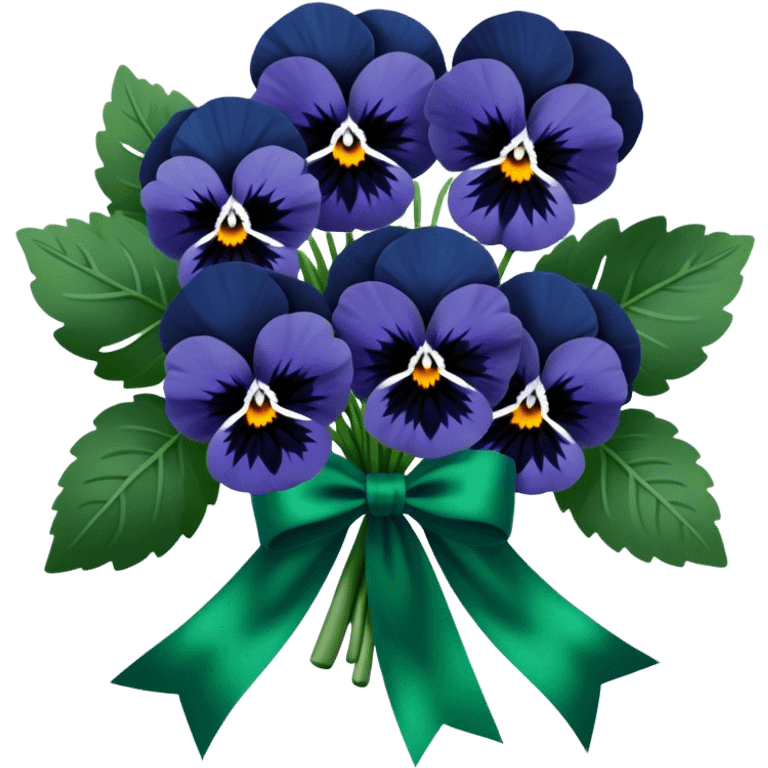 A gracefully arranged bouquet of navy blue pansies, tied with an elegant emerald green satin ribbon. emoji