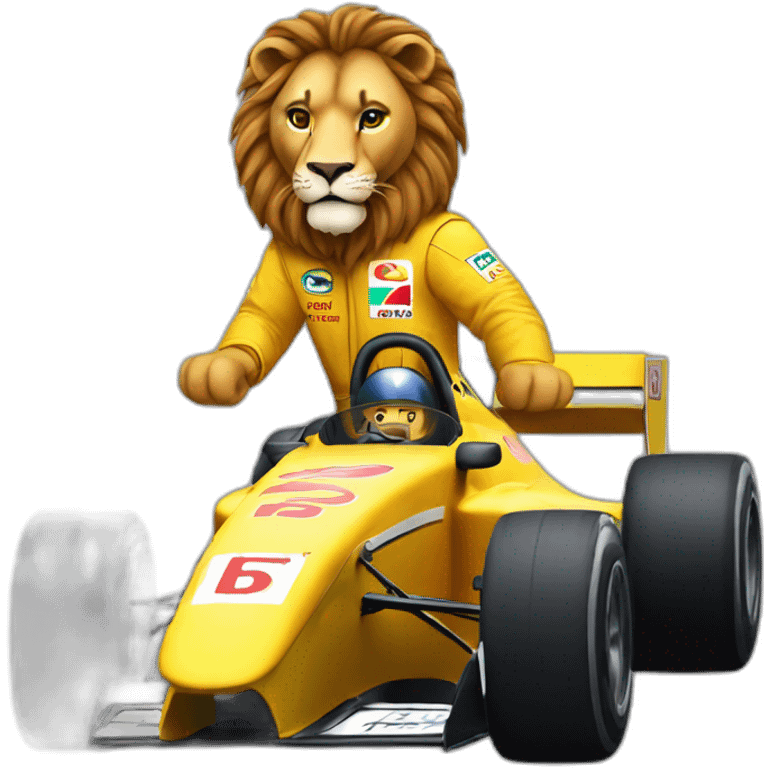 A lion driving an f1 car emoji