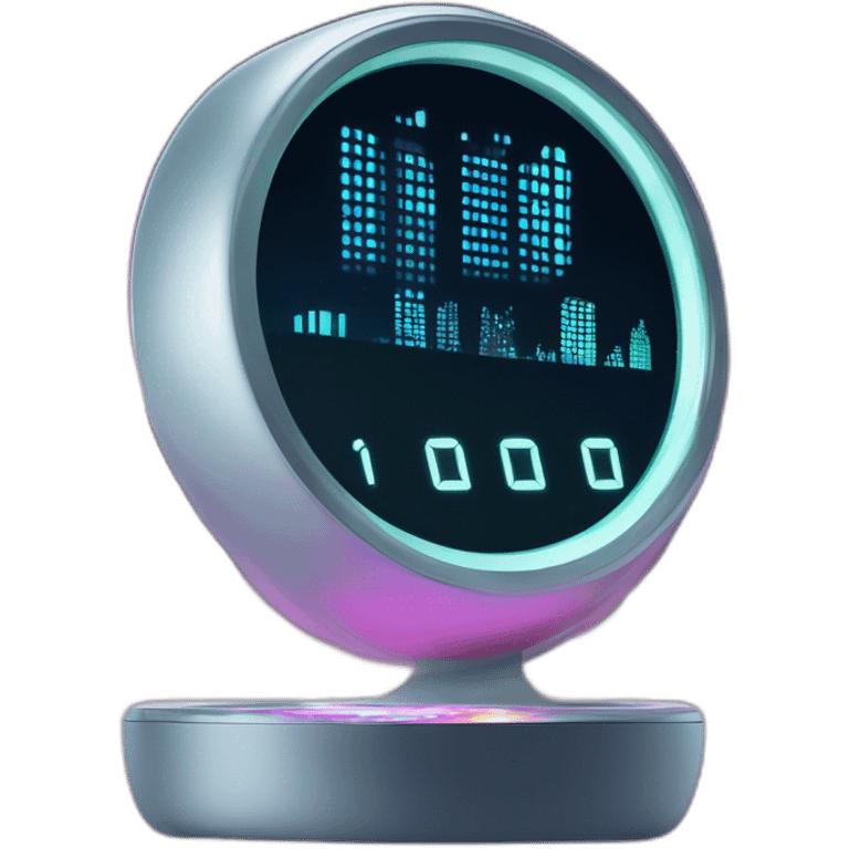 Illustrate a sleek, modern alarm clock with a holographic display, set against a backdrop of a futuristic city skyline. The clock should have a neon glow, emphasizing its high-tech nature. emoji