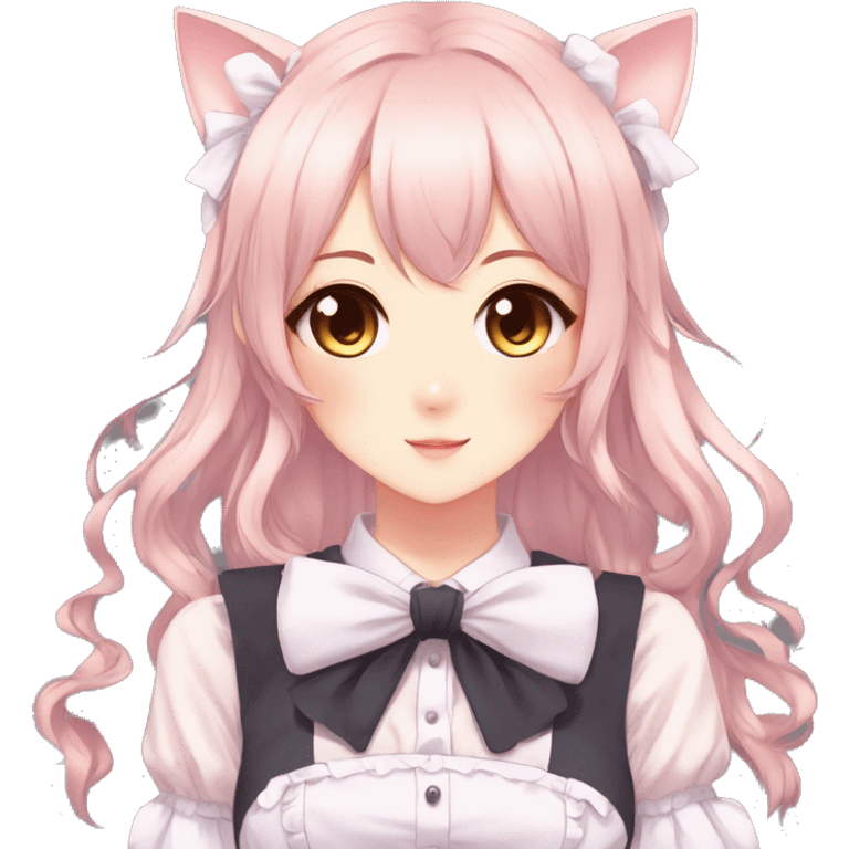 Gorgeous anime style catgirl with blushing face with maid outfit bow tie idol model kawaiicore pearly petite simplistic aesthetic trending style emoji