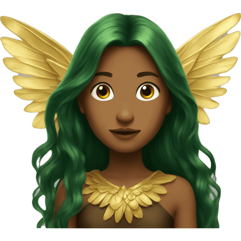 big wings, Beautiful, fairy, gold, brown, dark green, green, long hair emoji