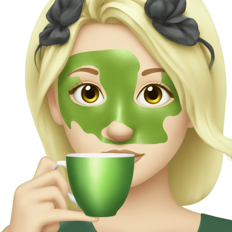 Blond girl wearing skincare mask drinking matcha  emoji