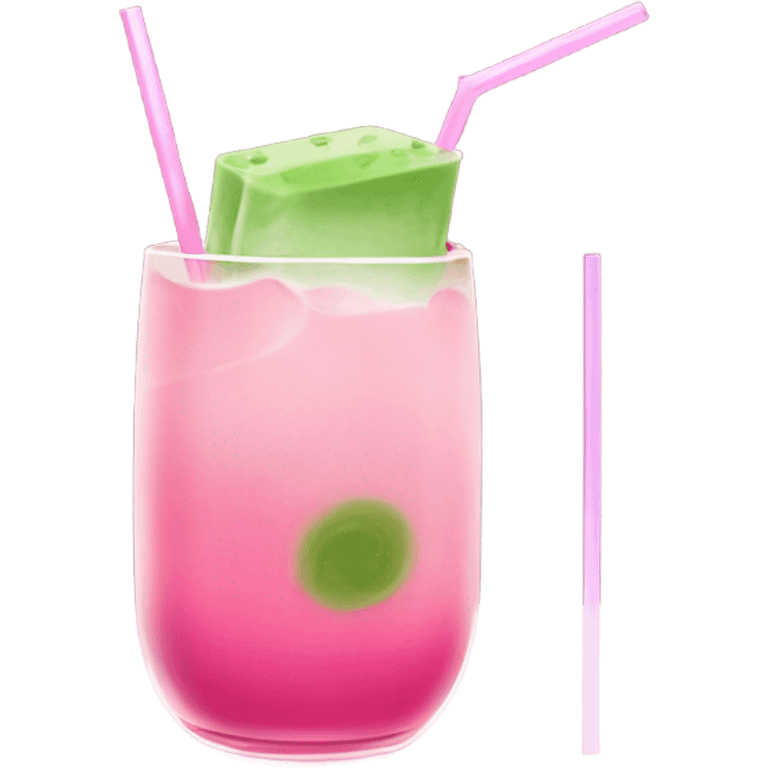 Matcha and pink drink in rounded glass with ice and glass straw that folds towards you emoji