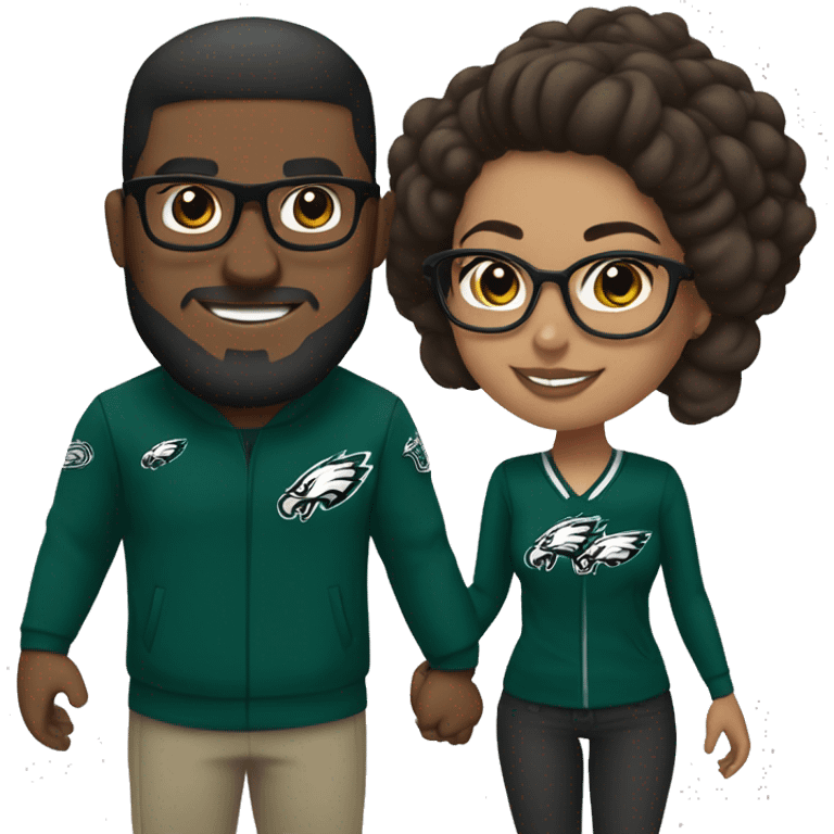 Brown guy and brown girl with glasses and hair in a bun in Philadelphia eagles clothes holding hands emoji