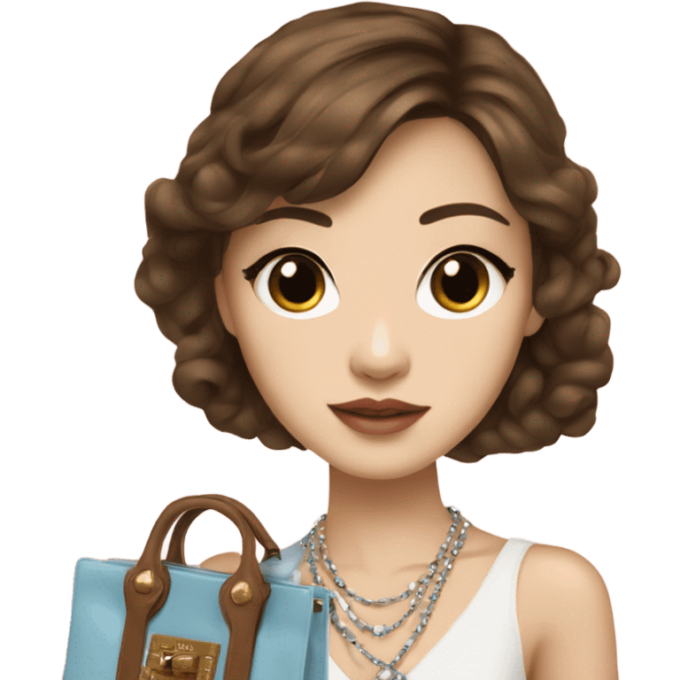 Realistic brown hair blue eyes Chanel Asian Girl with Birkin bag and Chanel necklace emoji