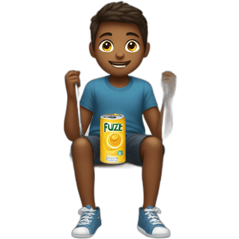 KID HOLDIN A CAN OF FUZE TEA WHILE SITTING ON A SWING emoji