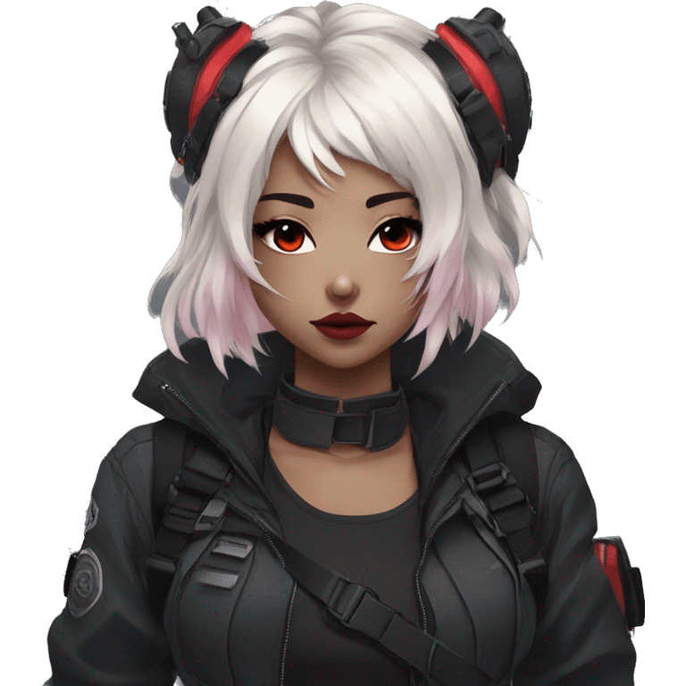 Gorgeous dark techwear anime style lady with blushing face aesthetic and pretty edgy black red punk messy hair with collar and harness trending style emoji