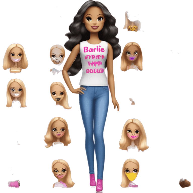 An image of a Barbie doll wearing a stylish outfit with the word 'Barbie' written across the clothing emoji