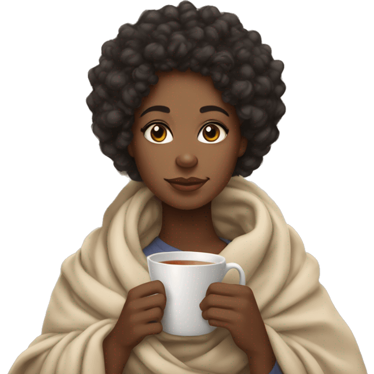 a lightskin black girl with curly hair wrapped in a blanket with a cup of tea emoji