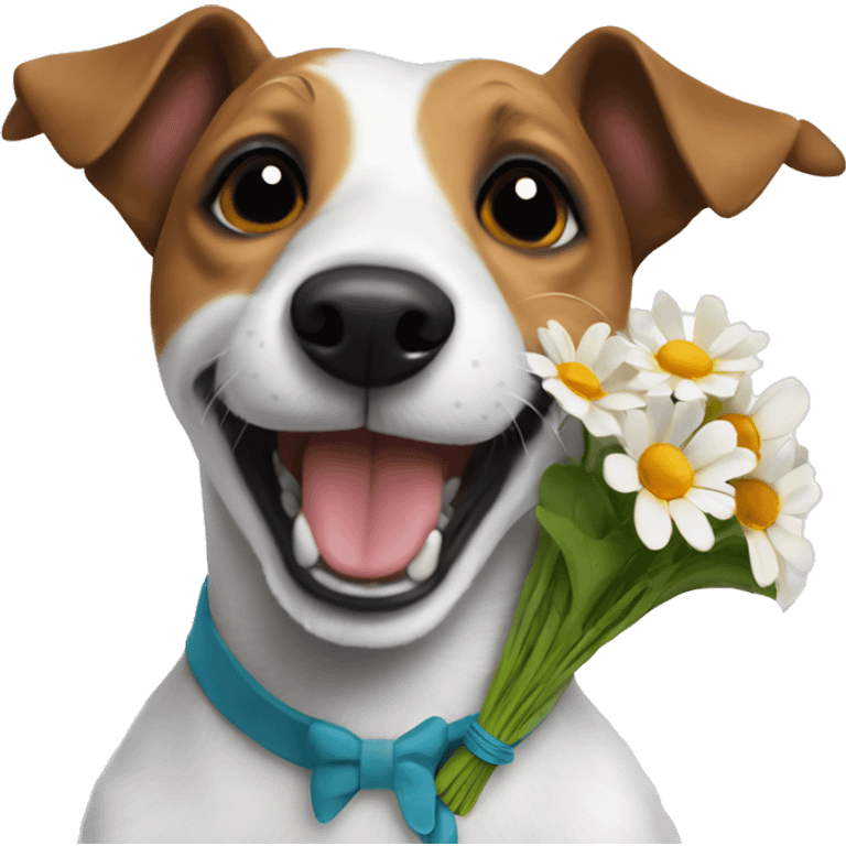 Jack Russell with a bouquet of flowers in his teeth emoji