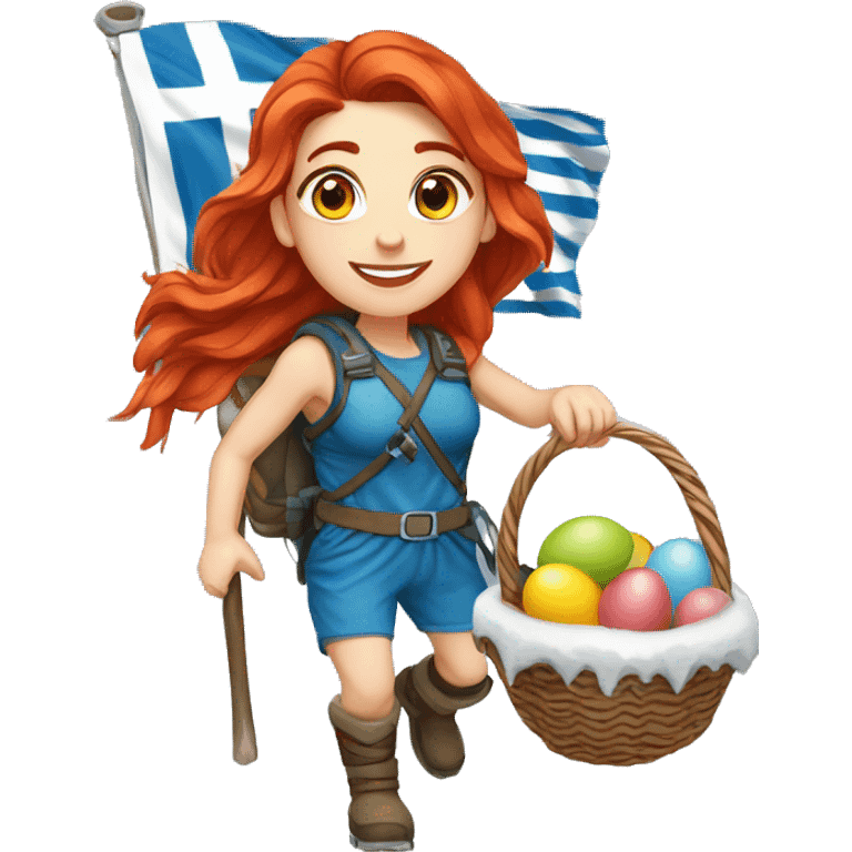 Greek Female winter mountaineer red hair white skin climbing with Greek Flag and Easter eggs basket emoji