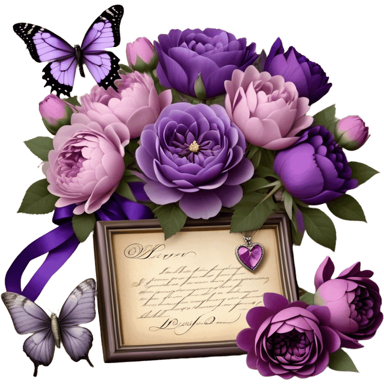 An antique love letter bundle, bound delicately with a purple silk ribbon, rests beside an arrangement of dried blush violet roses, lilac peonies, and soft purple dahlias, while a silver butterfly brooch adorned with pearls seems to pause, captivated by the deep violet inked calligraphy flowing across the aged parchment. emoji