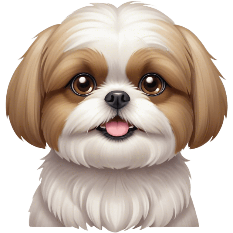 Cinematic Cute Shih Tzu Portrait Emoji, Head playfully tilted with large, sparkling eyes and a fluffy, endearing fur in gentle, pastel tones, simplified yet irresistibly charming, highly detailed, glowing with a warm, cuddly radiance, high shine, radiating affectionate and joyful energy, styled with a soft, playful outline, capturing the essence of a cute Shih Tzu that seems destined to charm everyone in its path! emoji