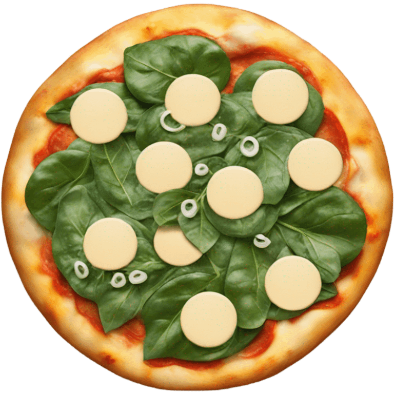 Pizza with mozzarella circles and spinach emoji