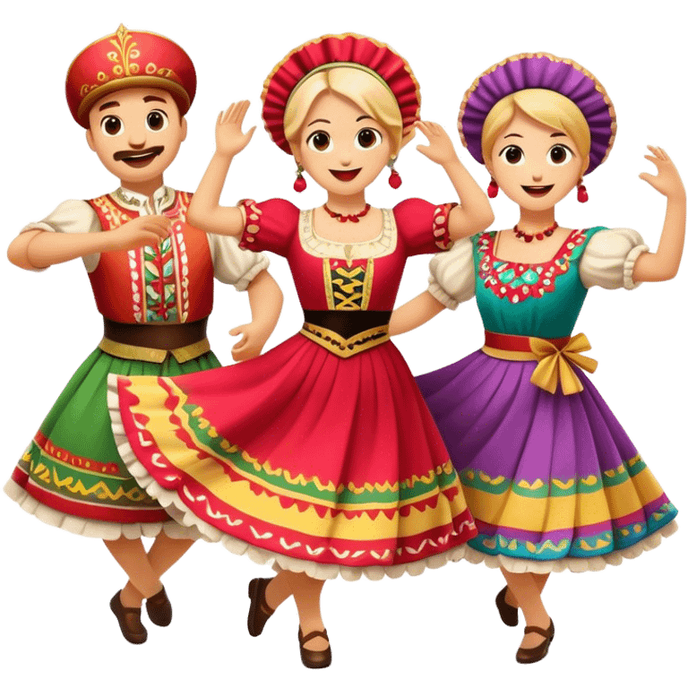 Cinematic Realistic Mazurka Dance Emoji, depicted as a lively traditional Polish folk dance scene with colorful costumes and spirited movement, rendered with dynamic textures and vibrant festive lighting that captures its rhythmic energy. emoji