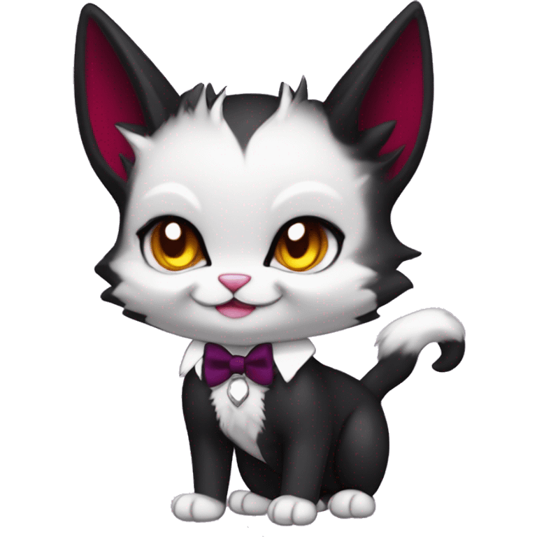 Cute-Edgy-Vampiric-Batty-Cat-Black-Purple-Red-Yellow-Contrast-Colors-Fantasy-Fur-Sona-Chibi-Shiny-Fakémon-Hybrid with horns and big fangs neck bow white tie leg spats full body emoji