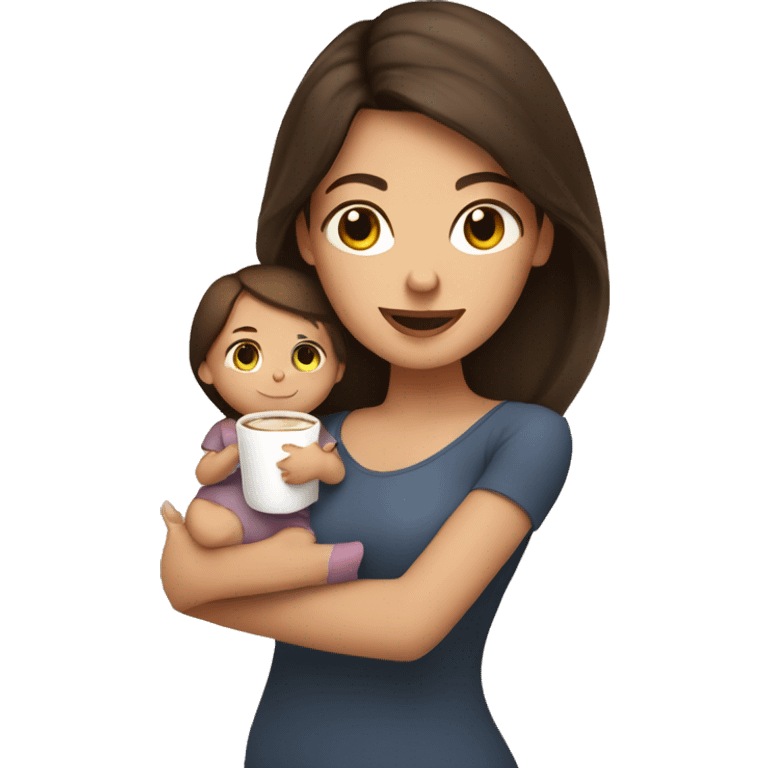 Brunette girl with baby in one hand and cup of coffee in other hand emoji