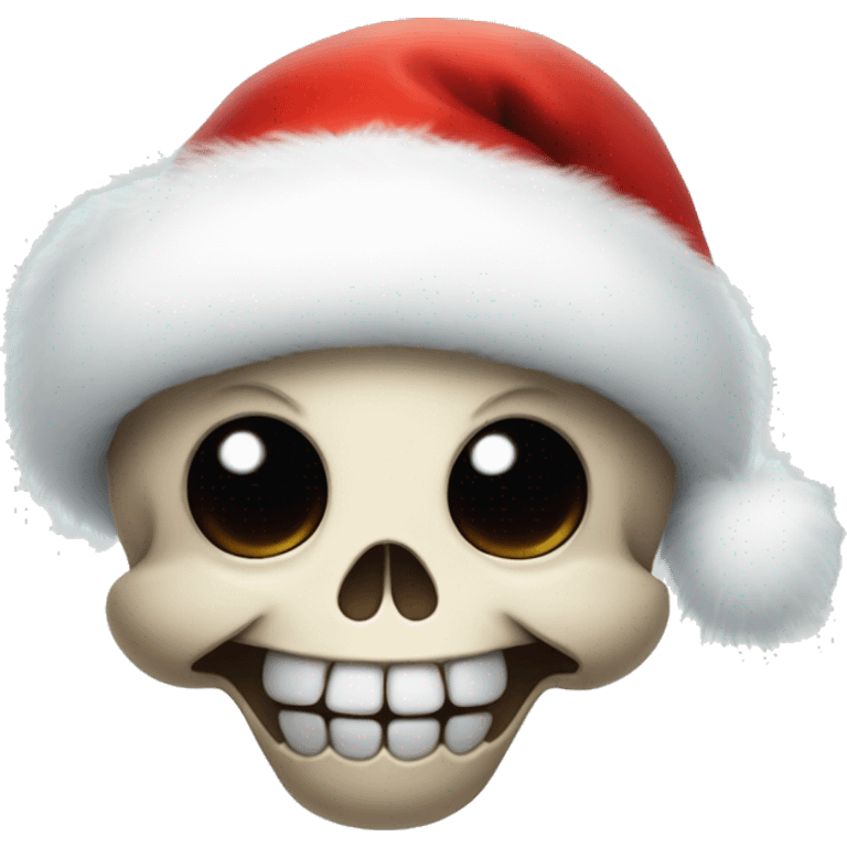 Cute, happy little skull wearing a fluffy Santa hat. emoji