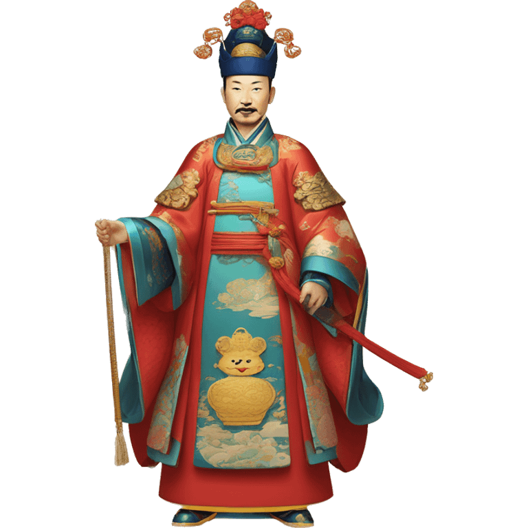 Qianlong, Qing dynasty's emperor, is recognized by his majestic attire: dragon-adorned imperial robes, a court headdress, and a ceremonial scepter. 🐉👑 emoji