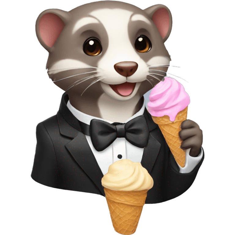 A ferret wearing a tuxedo eating chocolate ice cream emoji