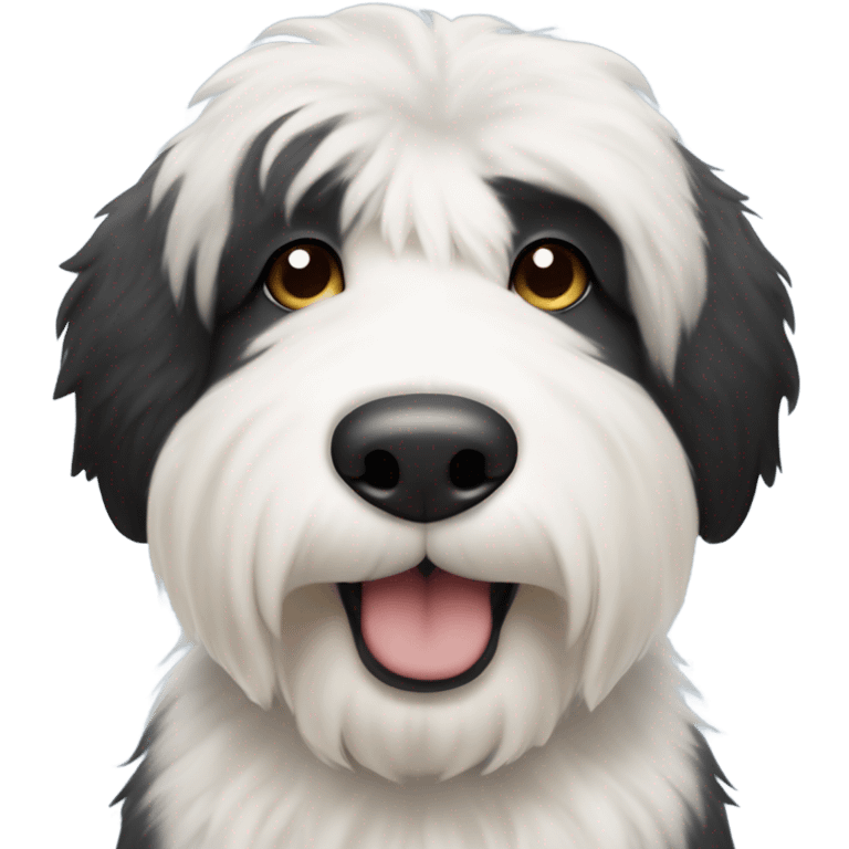 Half black (right side of face) half white (left side of face) old English sheepdog wearing a bow tie  emoji