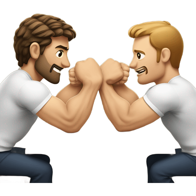 Two men armwrestling sit in front of a table. White men. Brown hair  emoji