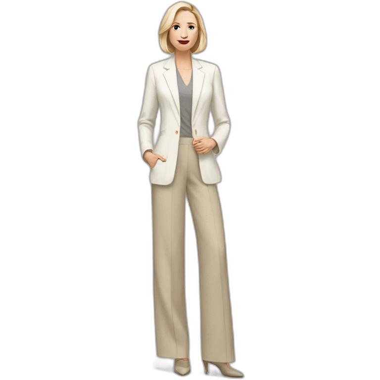 Full height Actively gesturing with hands pale skin woman with ash blonde Straightened bob Hair, White Spacious classical jacket, beige palazzo Arrow pants and gray blouse emoji