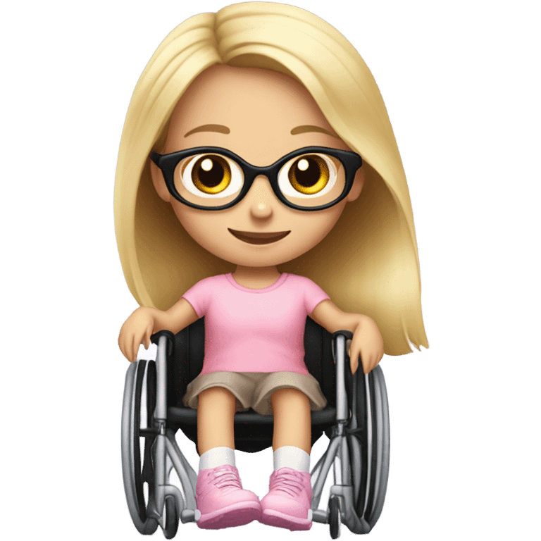 8 year old girl with light pink glasses and long blonde hair in black wheelchair  emoji