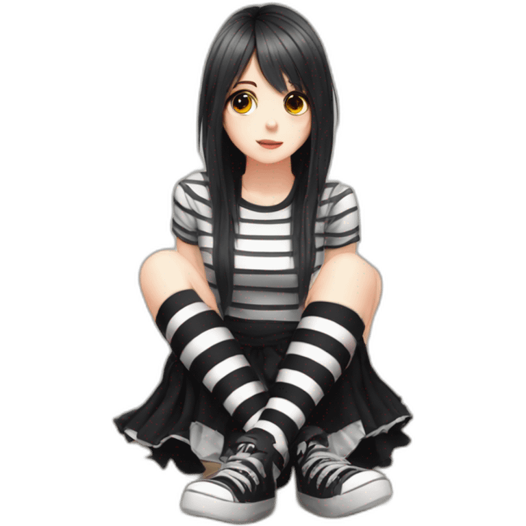 full body Front view emo girl sits on the floor black skirt torn striped stockings emoji