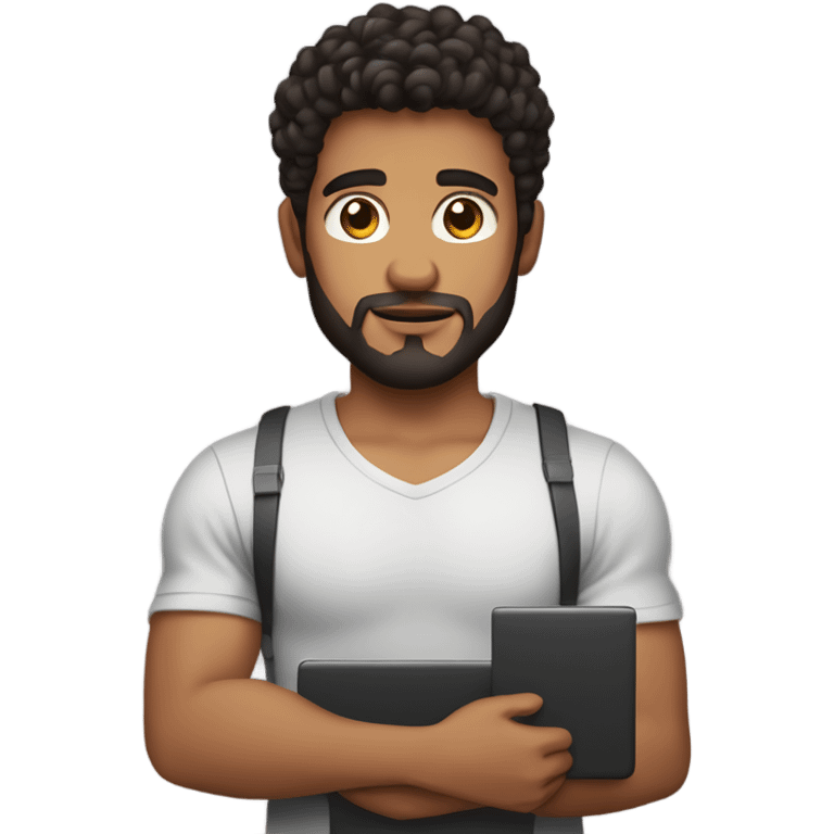 men holding his computer in hands. light brown skin men with curly black hair, dark brown eyes, little grown beard. little bit muscular. dressed casual. round face. emoji