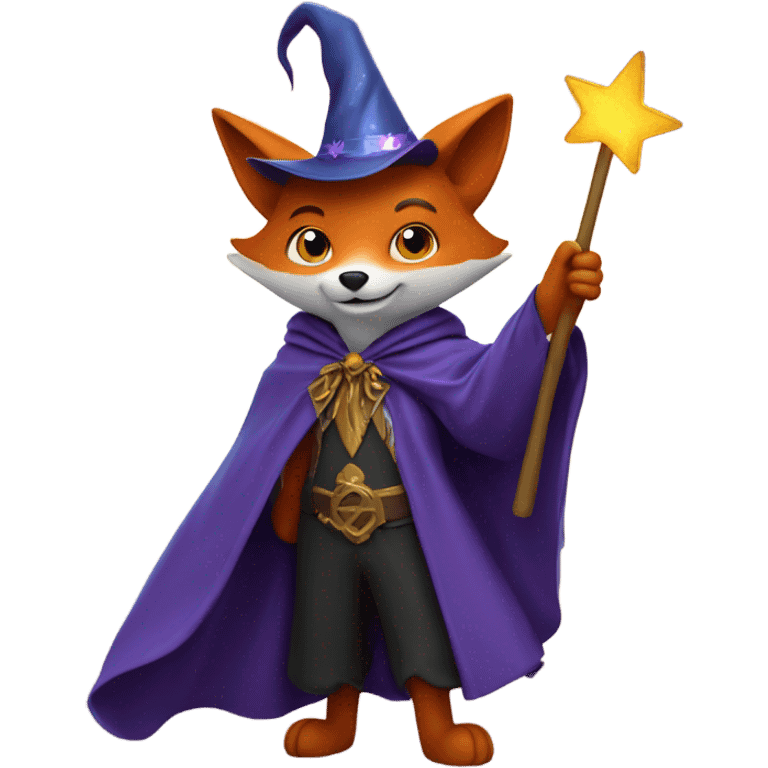 fox with a wizards cape and hat holding a magic wand surrounded by stars emoji