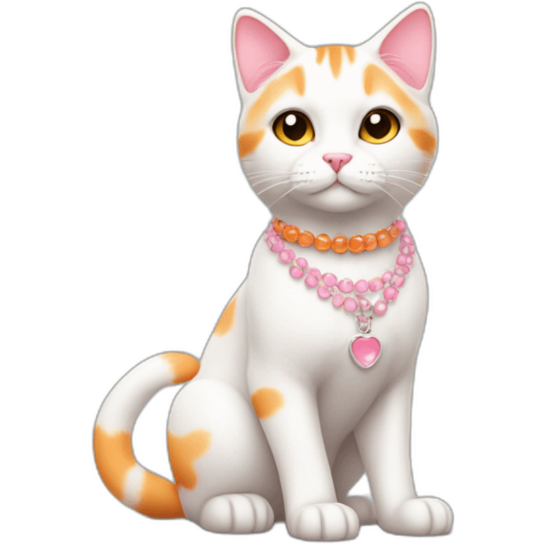 full body white orange cat cute with a small black eyes and a paw pink necklace emoji