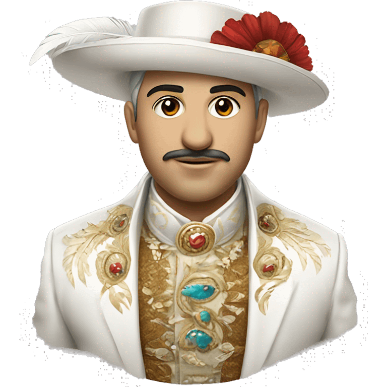 An emoji of a traditional Turkish circumcision outfit, featuring a white suit with decorative embroidery, a cape, and a matching hat adorned with feathers emoji