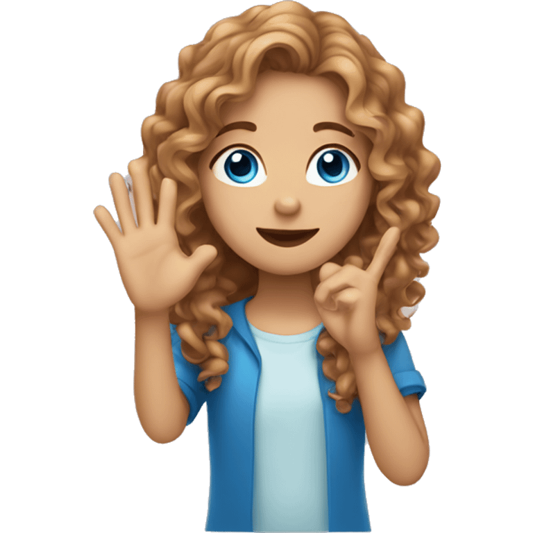 girl with light brown long curly hair and blue eyes doing a hand heart  emoji