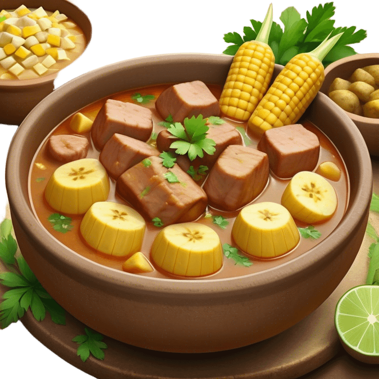 Cinematic Realistic Sancocho Antioqueño Emoji, depicting a hearty Colombian stew brimming with tender cuts of meat, yuca, plantains, corn on the cob, and potatoes in a rich, flavorful broth. Served in a rustic clay bowl with fresh cilantro and lime on the side, rendered with warm, inviting textures and homely, comforting lighting. emoji