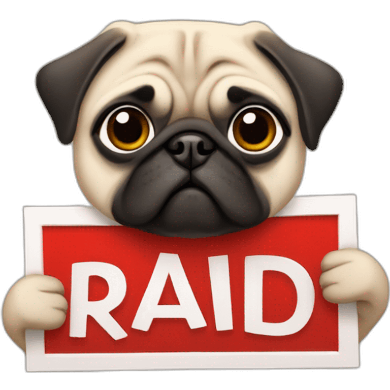 pug holding a sign that reads the word "raid" in red font emoji