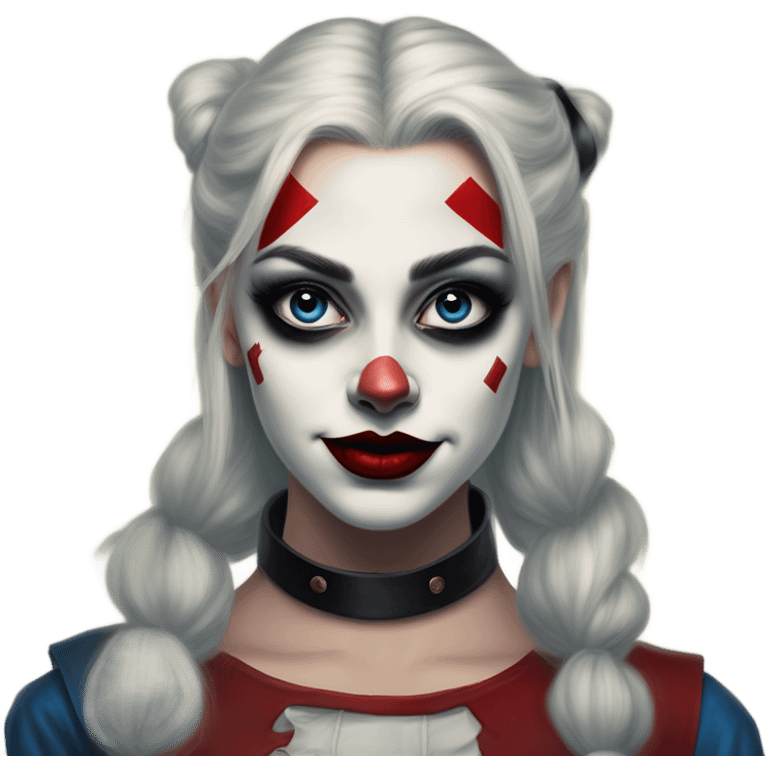 Dalahäst in Harley Quinn style, oil paint, mysterious eyes, intricate lips, masterpiece portrait, odd perspective, beautiful, desirable, logical emoji