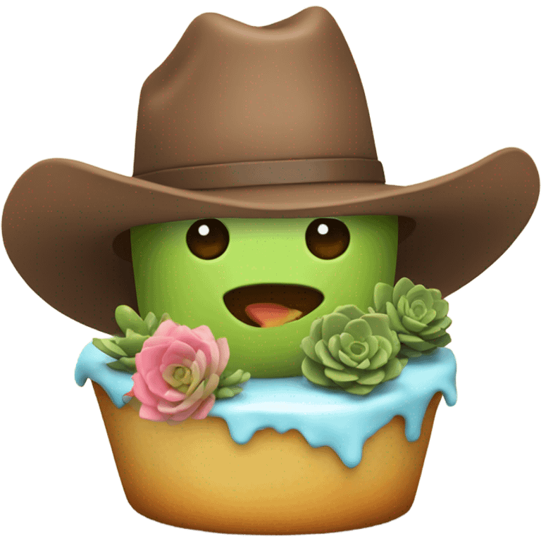 A succulent wearing a cowboy hat eating cake emoji