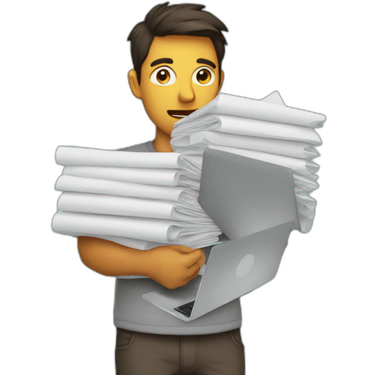 developer in despair holding stacks of paper and a laptop emoji