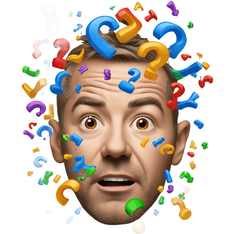 A guys head exploding with question marks.  emoji