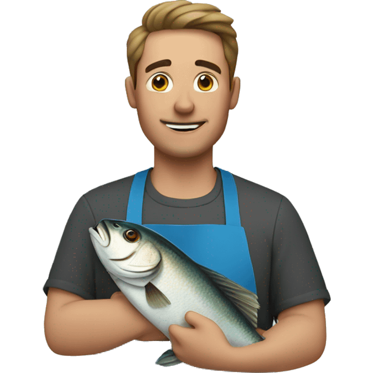 guy in a blue apron holding a fish emoji