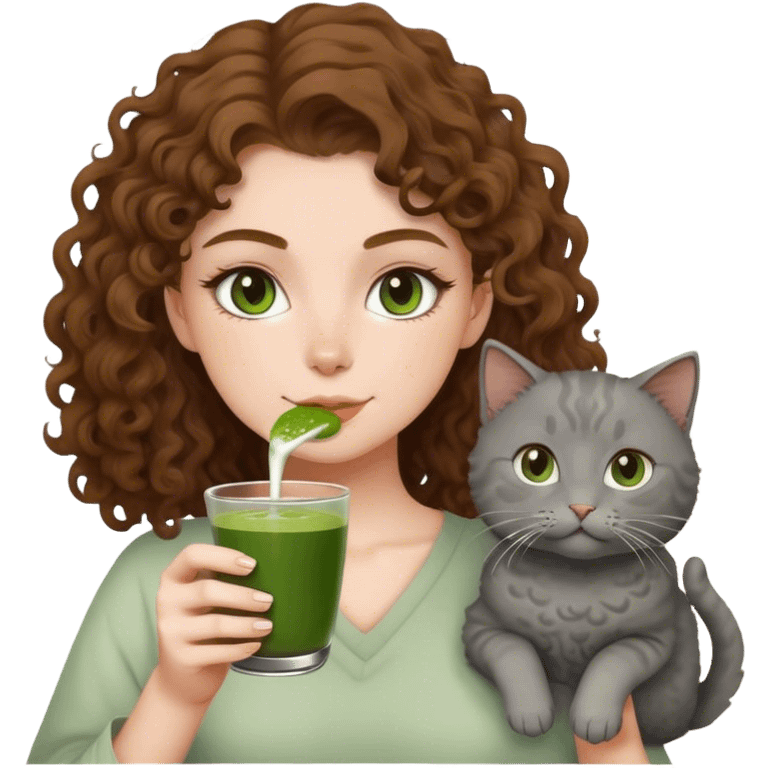 A girl with white skin and medium brown curly hair drinks matcha and carries a gray cat emoji